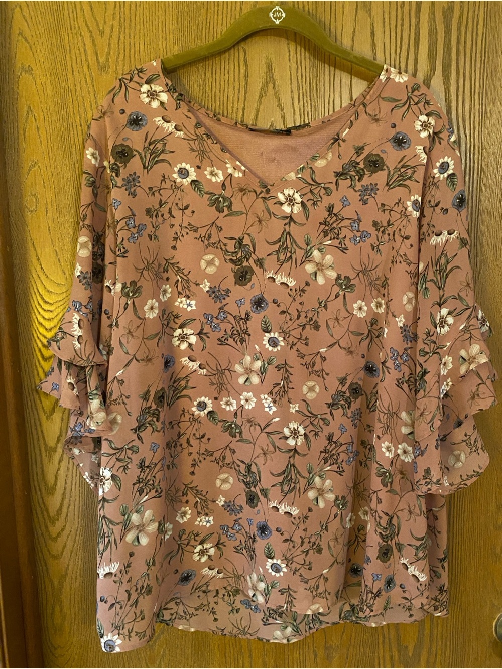 Valolia Women's Floral V-Neck 3/4 Ruffle Sleeve Blouse - Dusty Rose, Sz XXL